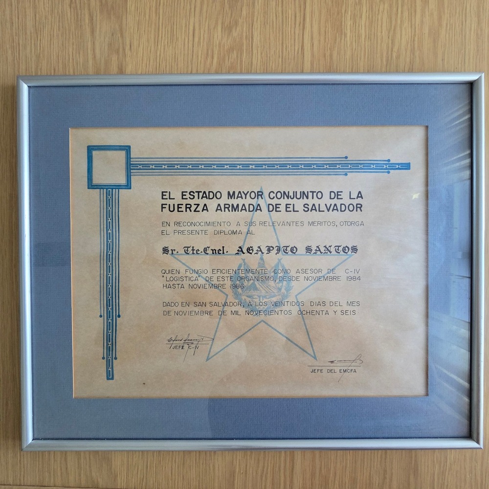 1986 El Salvador Armed Forces Military Diploma Commendation Civil War Era Framed